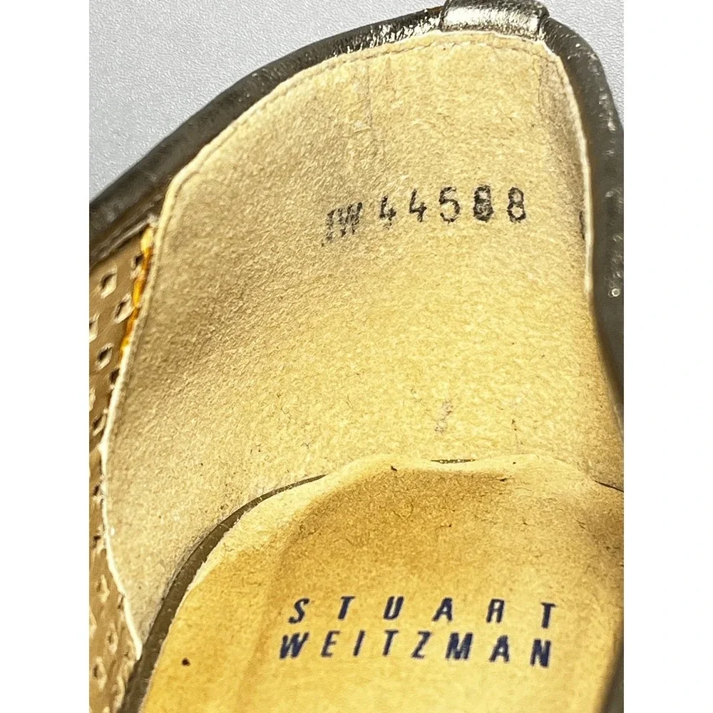 Stuart Weitzman Metallic Gold Perforated Leather Kitten Heel Pumps Size 8.5